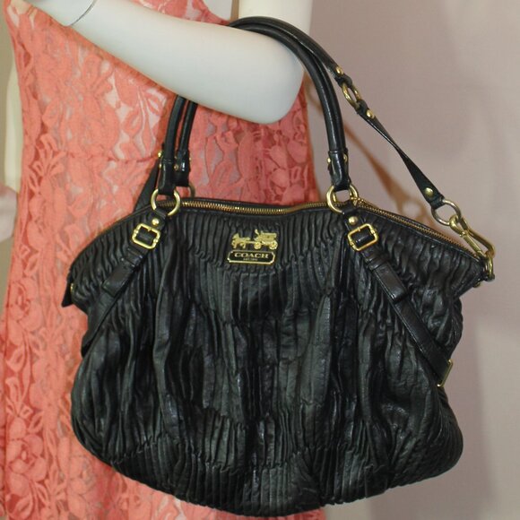 Coach Madison Sophia Black Gathered Leather Shoulder Tote  Handbag - Picture 2 of 10